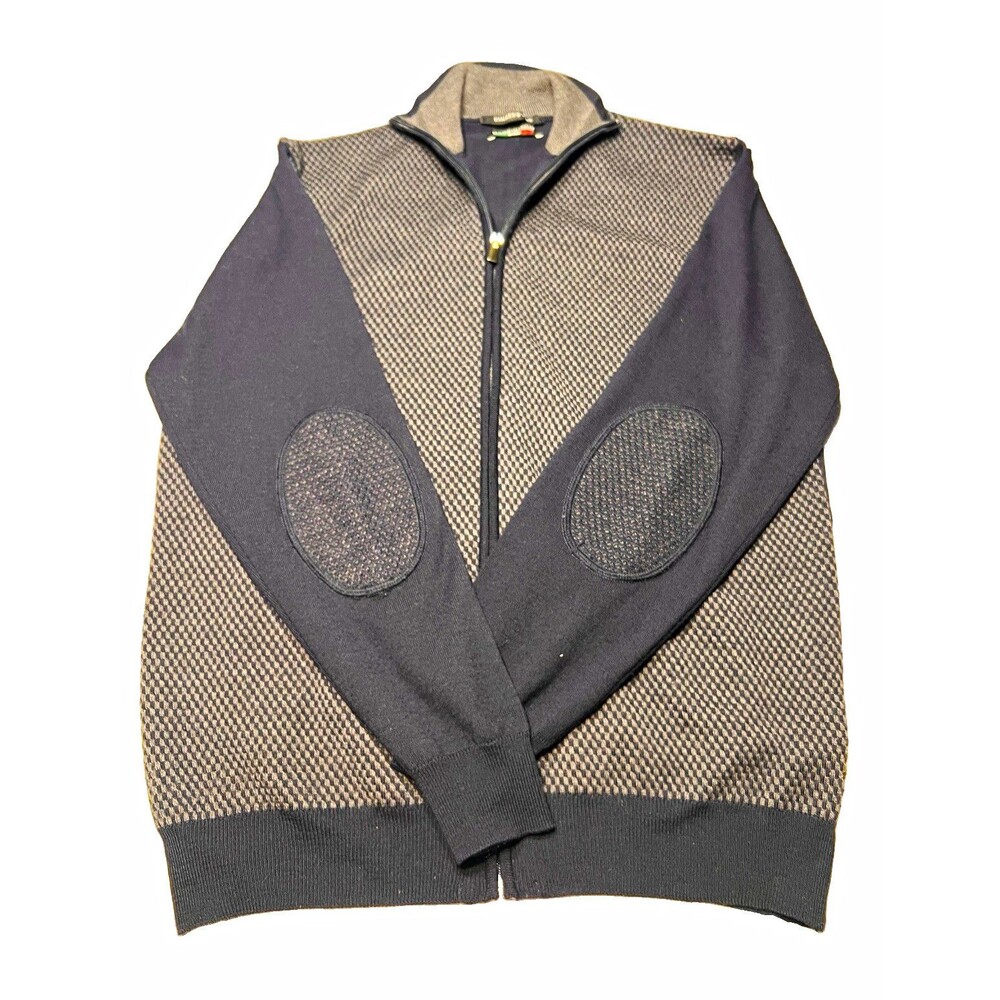 Hammer Made Italy Men's L 100% Lana Wool Full Zip Sweater Elbow Patches